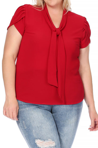 Women's Plus Size Casual Solid Petal Sleeve Bow Tie Neck Short Sleeve Blouse Shirt Top