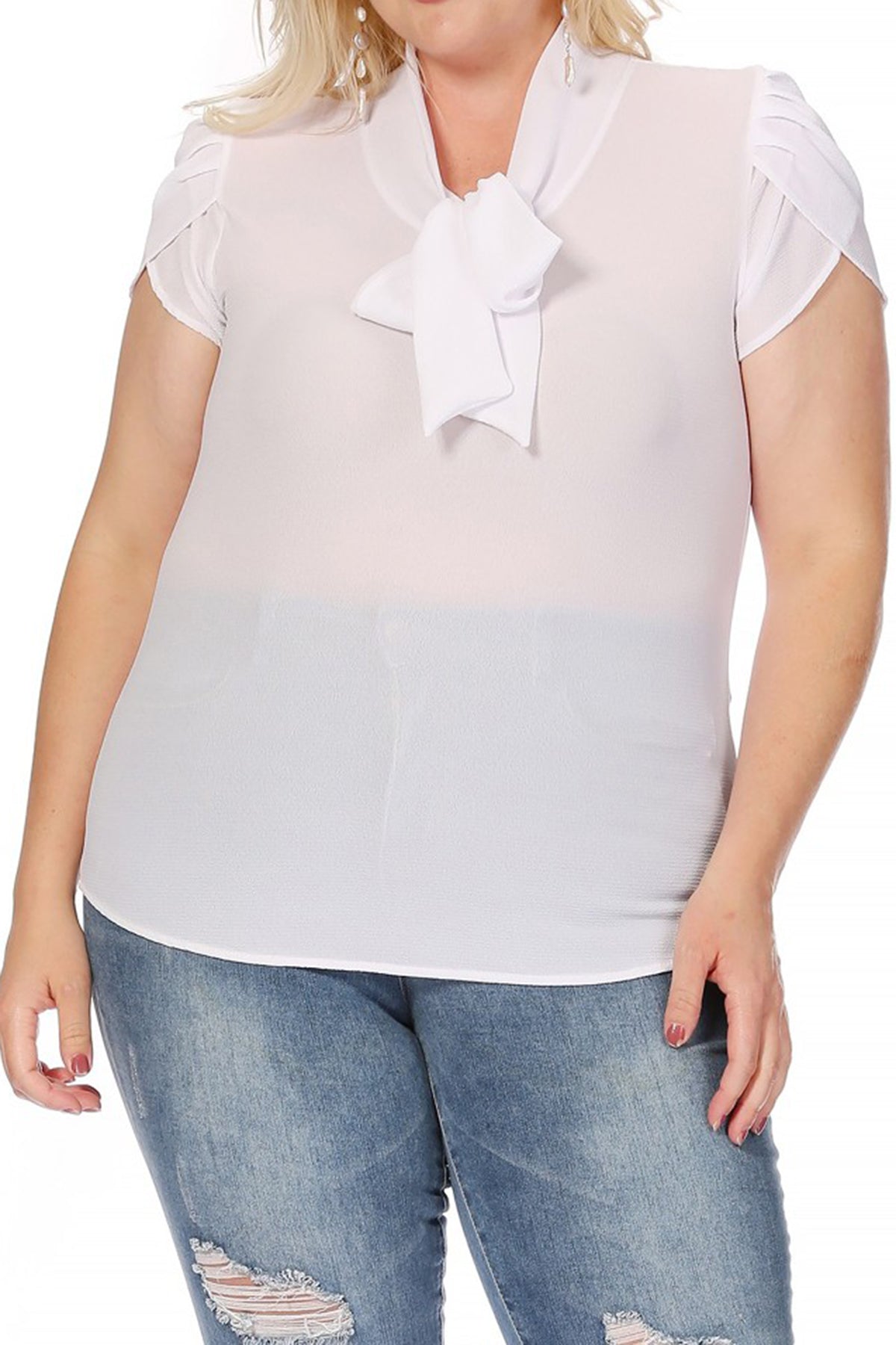 Women's Plus Size Casual Solid Petal Sleeve Bow Tie Neck Short Sleeve Blouse Shirt Top