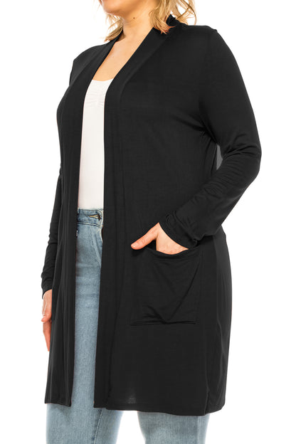 Women's Casual Plus Size Long Sleeve Loose Fit Solid Open Cardigan with Side Pockets