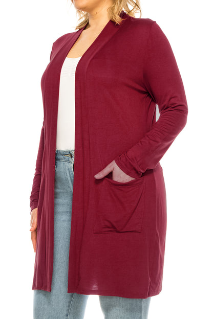 Women's Casual Plus Size Long Sleeve Loose Fit Solid Open Cardigan with Side Pockets