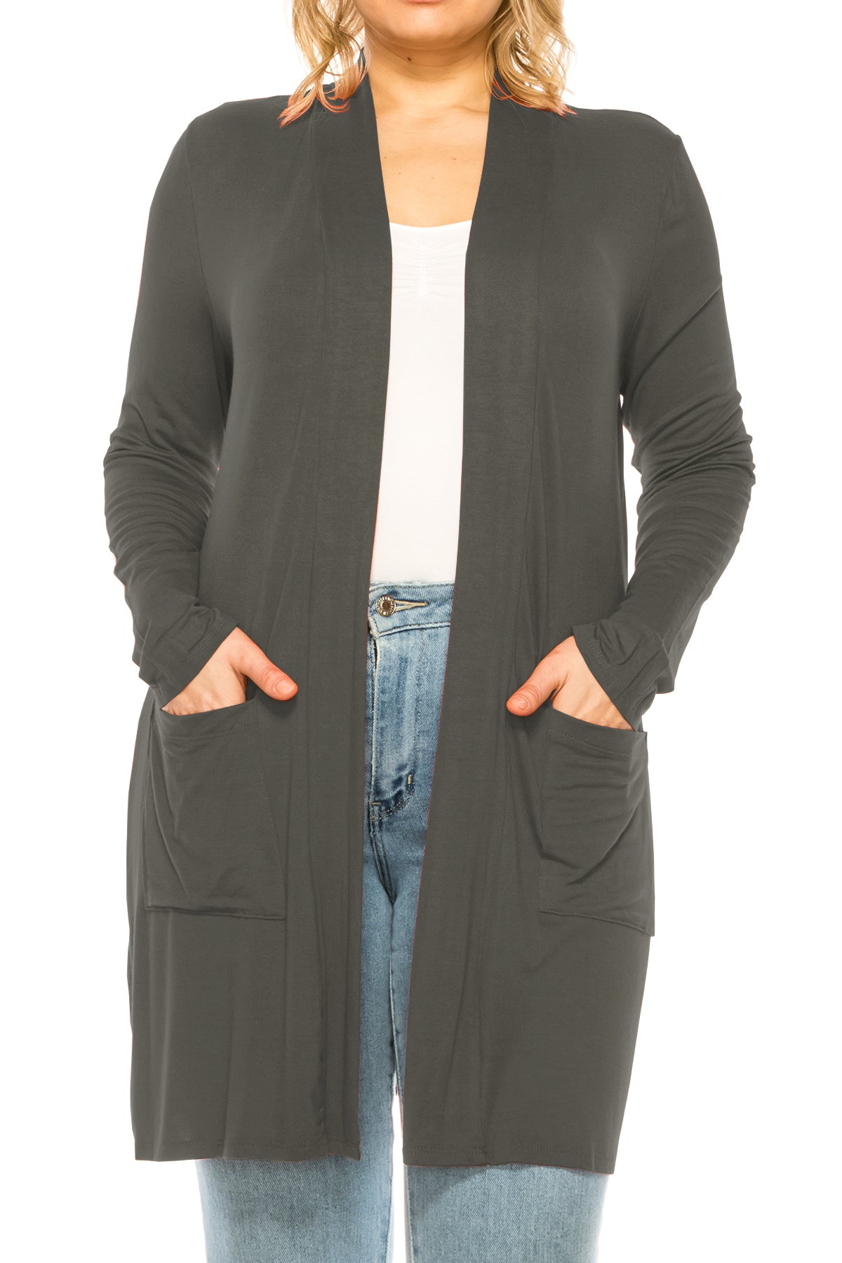 Women's Casual Plus Size Long Sleeve Loose Fit Solid Open Cardigan with Side Pockets