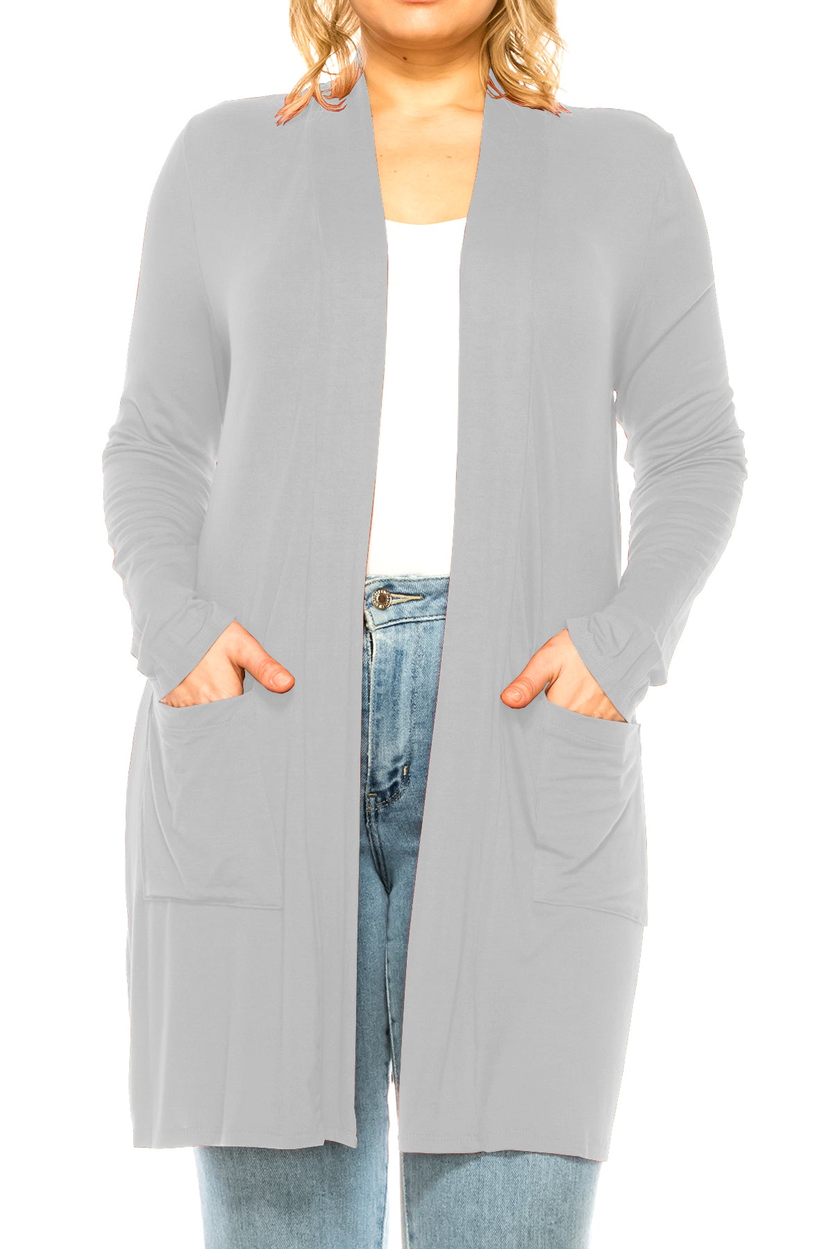 Women's Casual Plus Size Long Sleeve Loose Fit Solid Open Cardigan with Side Pockets