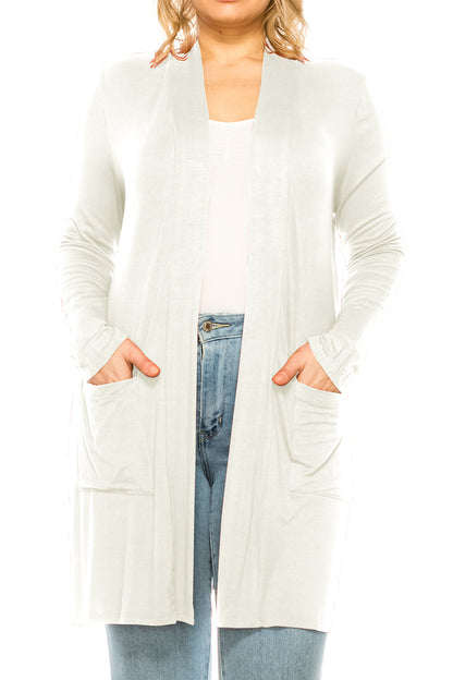 Women's Casual Plus Size Long Sleeve Loose Fit Solid Open Cardigan with Side Pockets