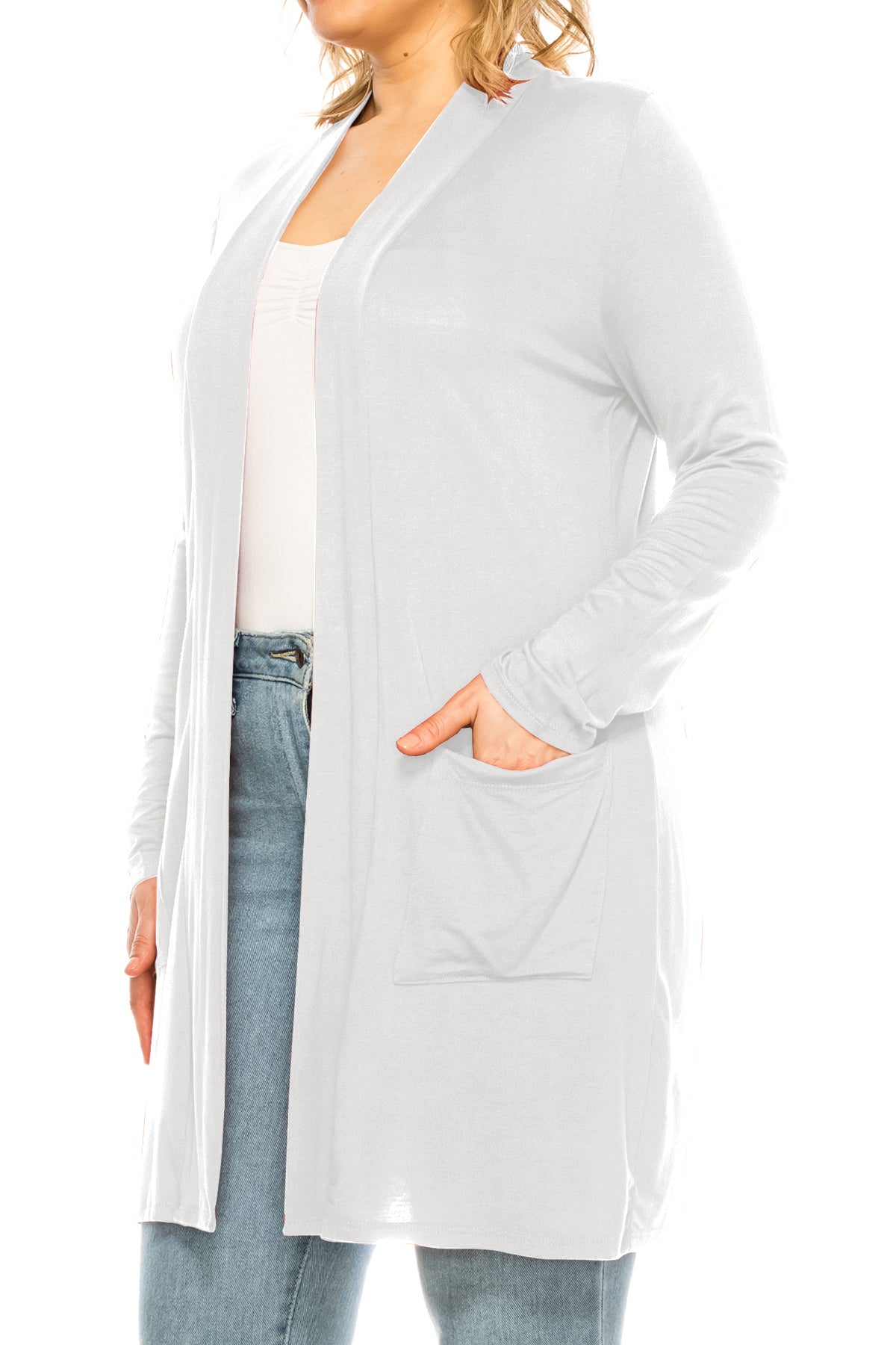 Women's Casual Plus Size Long Sleeve Loose Fit Solid Open Cardigan with Side Pockets