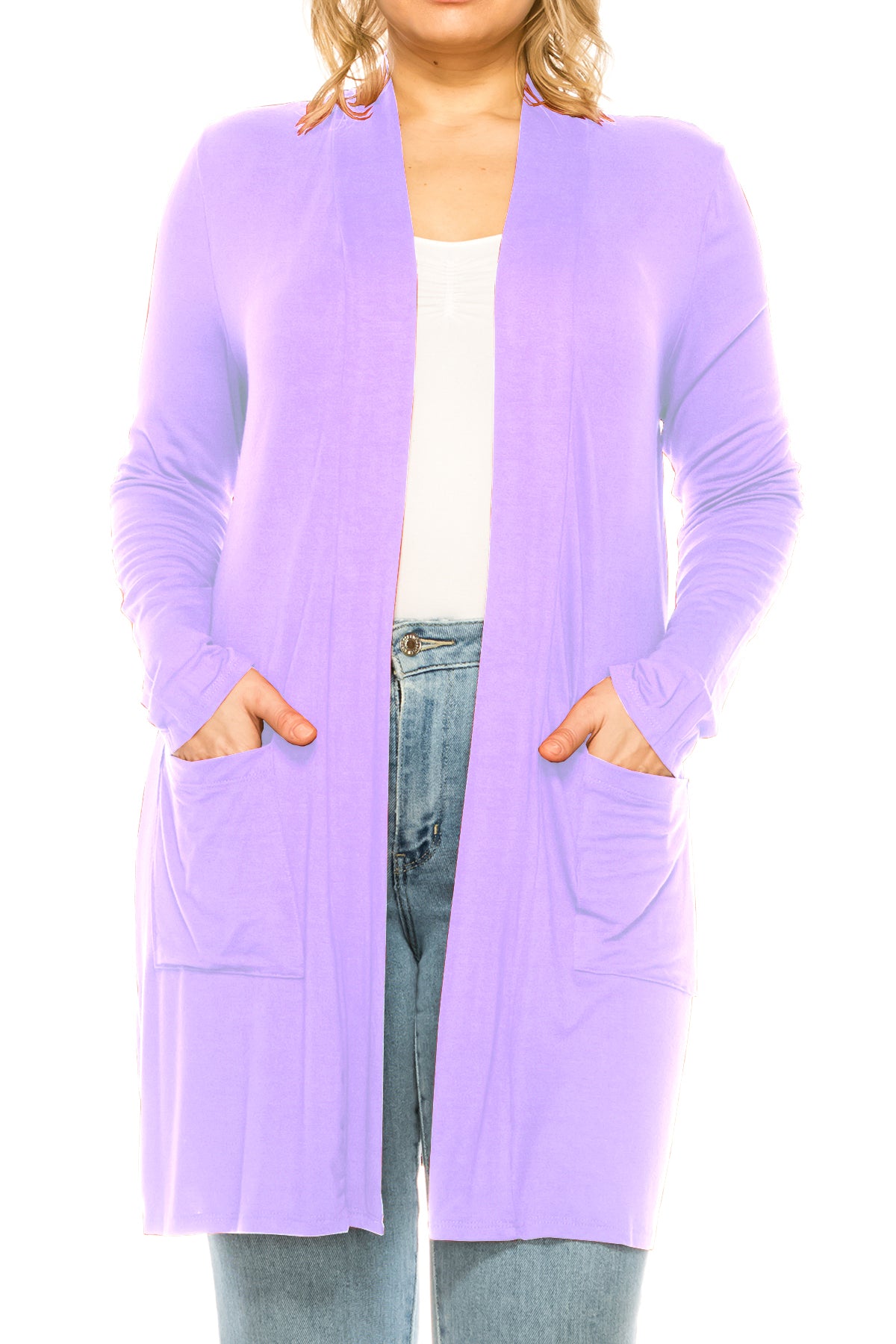 Women's Casual Plus Size Long Sleeve Loose Fit Solid Open Cardigan with Side Pockets