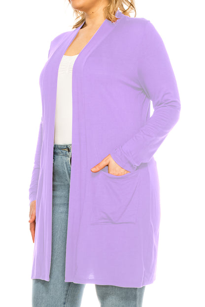 Women's Casual Plus Size Long Sleeve Loose Fit Solid Open Cardigan with Side Pockets