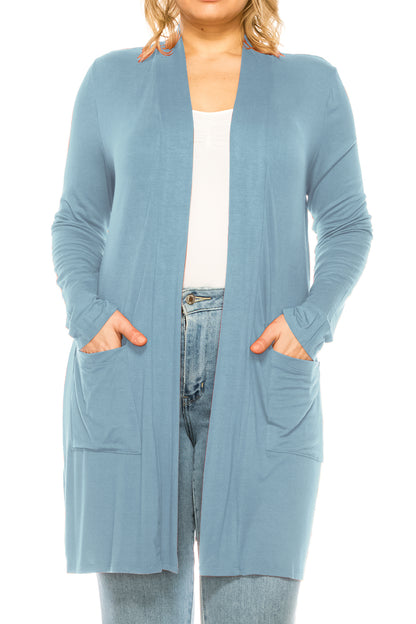 Women's Casual Plus Size Long Sleeve Loose Fit Solid Open Cardigan with Side Pockets