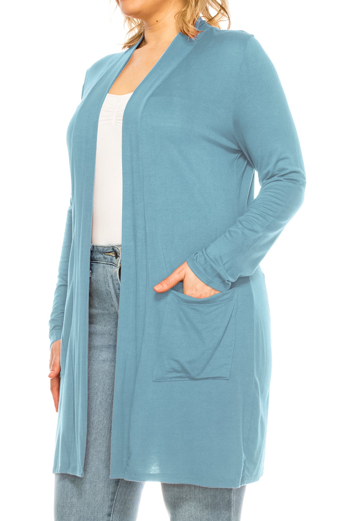 Women's Casual Plus Size Long Sleeve Loose Fit Solid Open Cardigan with Side Pockets