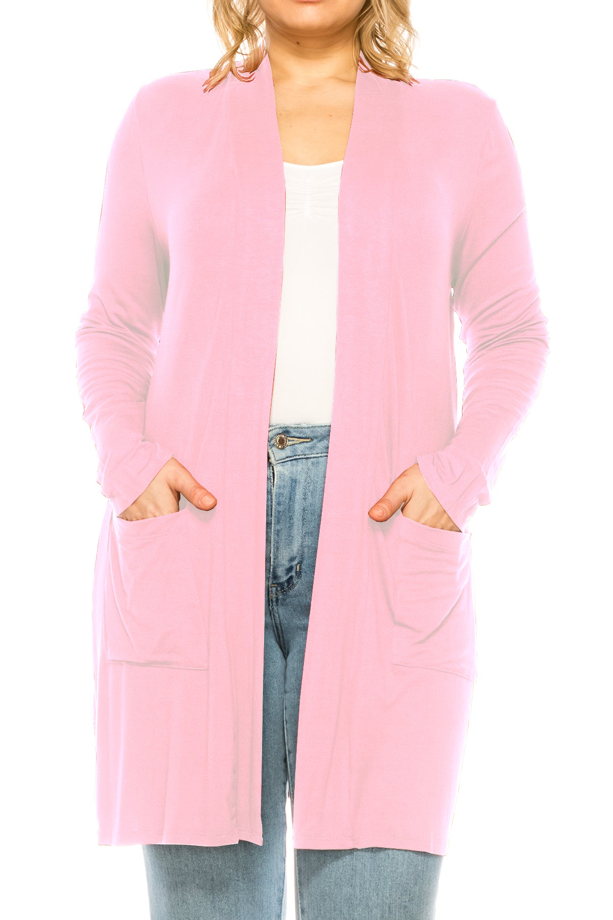 Women's Casual Plus Size Long Sleeve Loose Fit Solid Open Cardigan with Side Pockets