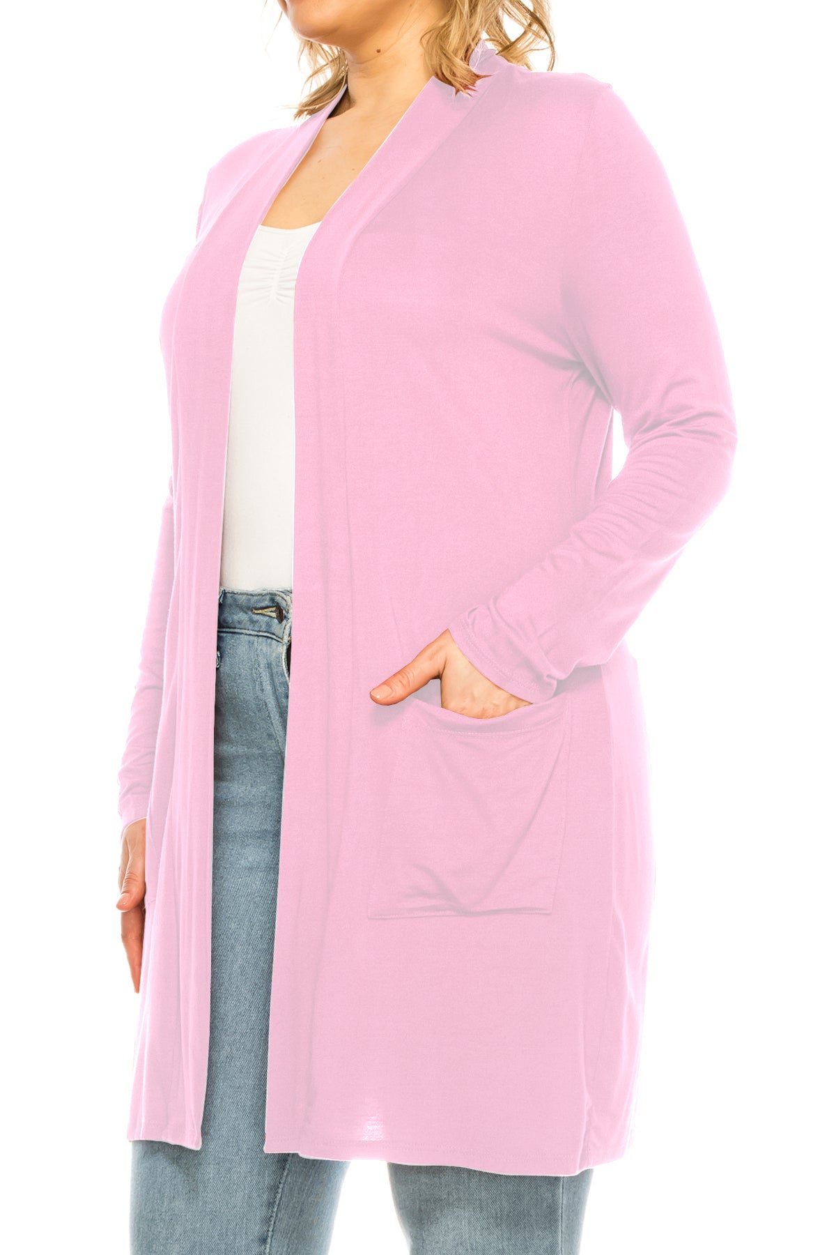 Women's Casual Plus Size Long Sleeve Loose Fit Solid Open Cardigan with Side Pockets