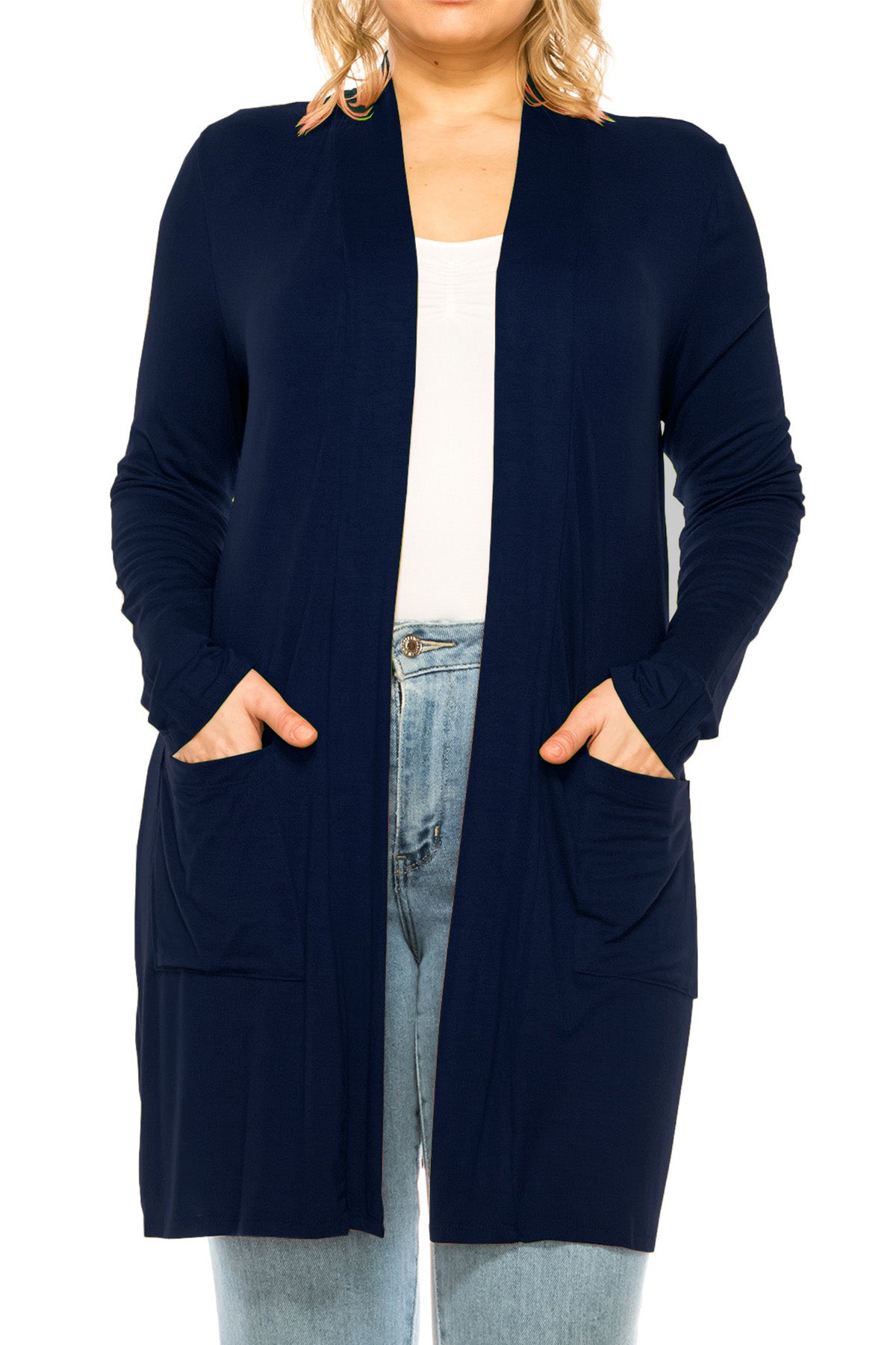 Women's Casual Plus Size Long Sleeve Loose Fit Solid Open Cardigan with Side Pockets