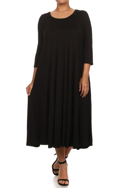 Women's Plus Size Casual 3/4 Sleeves Basic A-Line Pleated Solid Midi Dress