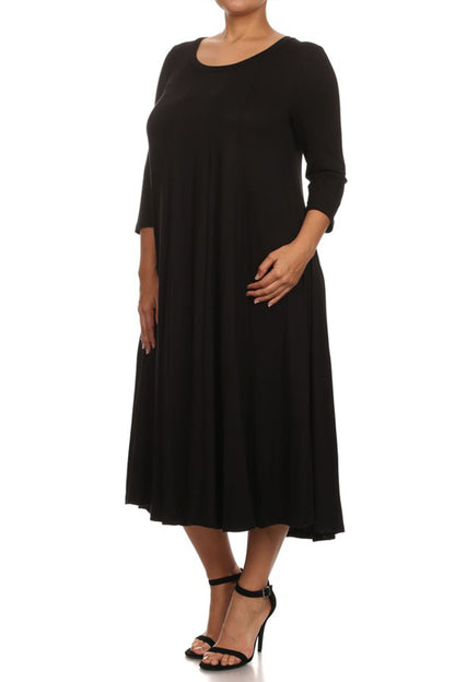 Women's Plus Size Casual 3/4 Sleeves Basic A-Line Pleated Solid Midi Dress