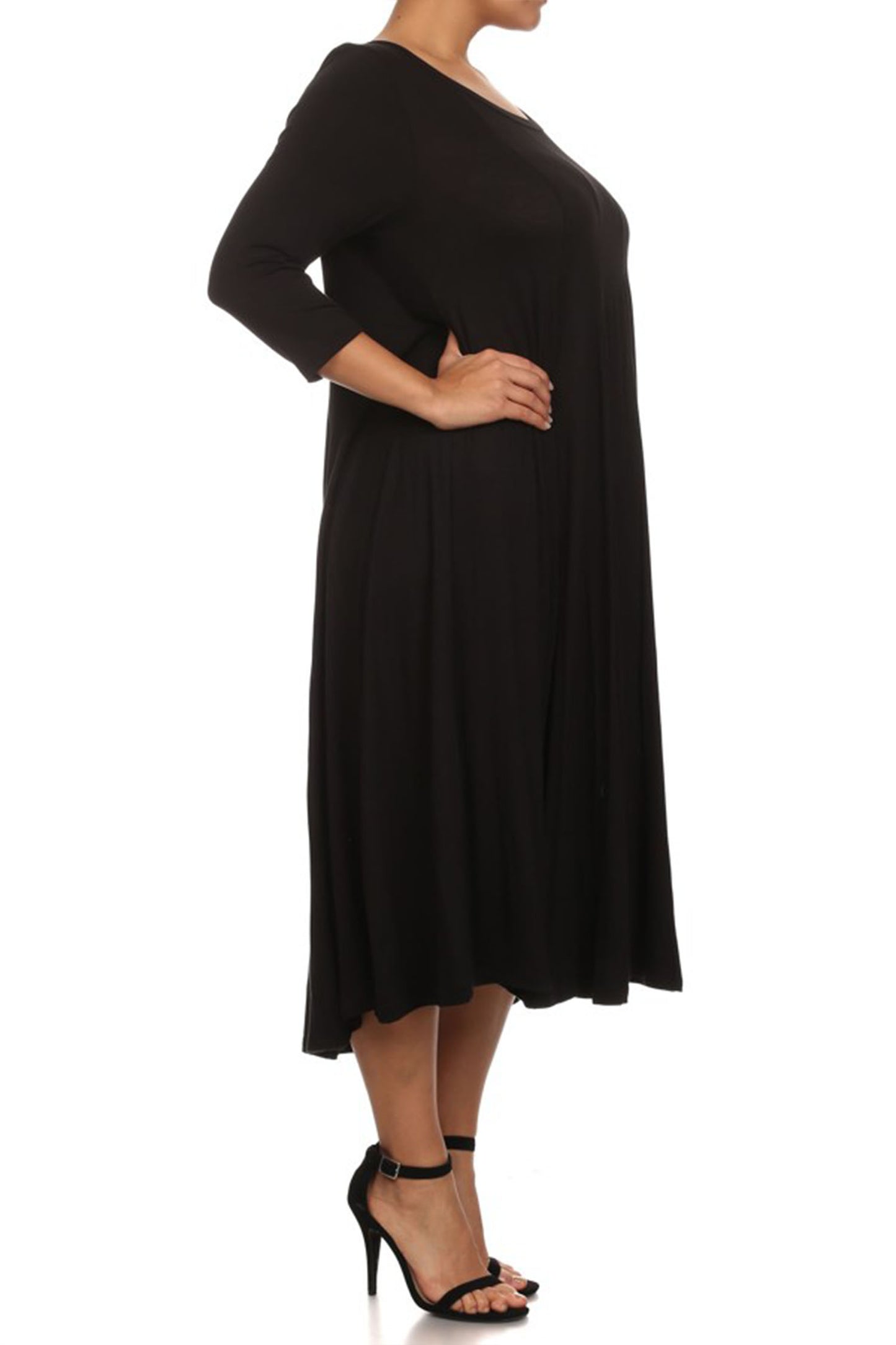 Women's Plus Size Casual 3/4 Sleeves Basic A-Line Pleated Solid Midi Dress