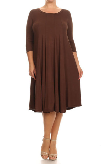 Women's Plus Size Casual 3/4 Sleeves Basic A-Line Pleated Solid Midi Dress