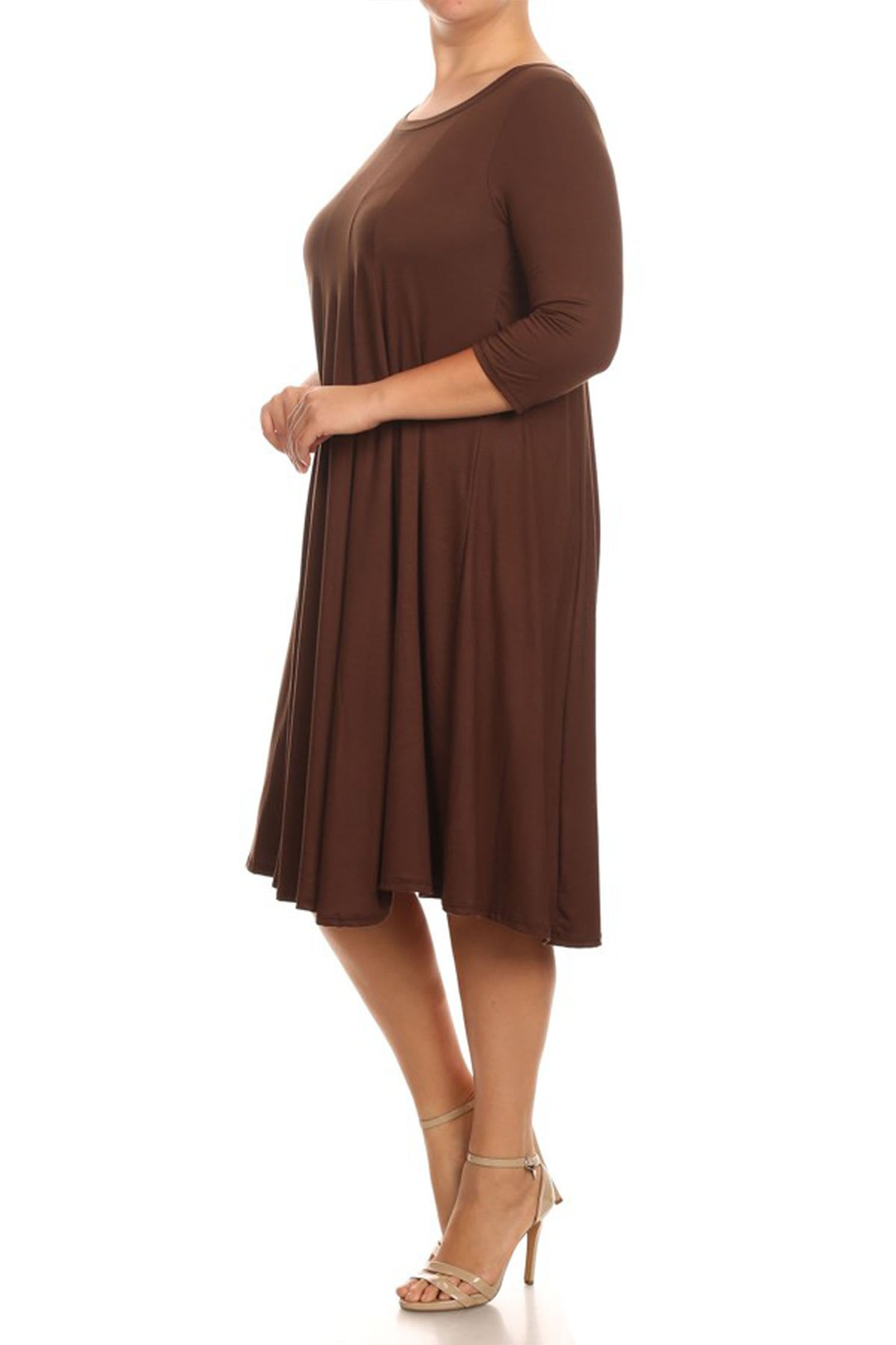 Women's Plus Size Casual 3/4 Sleeves Basic A-Line Pleated Solid Midi Dress