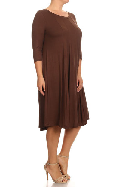 Women's Plus Size Casual 3/4 Sleeves Basic A-Line Pleated Solid Midi Dress