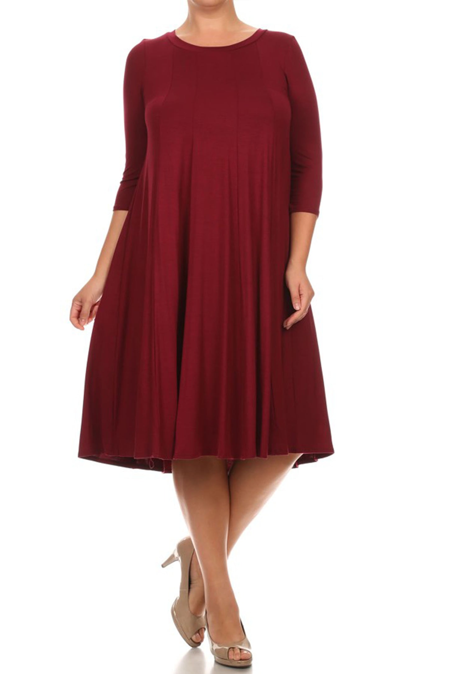 Women's Plus Size Casual 3/4 Sleeves Basic A-Line Pleated Solid Midi Dress