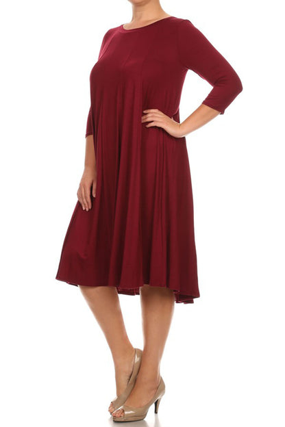 Women's Plus Size Casual 3/4 Sleeves Basic A-Line Pleated Solid Midi Dress