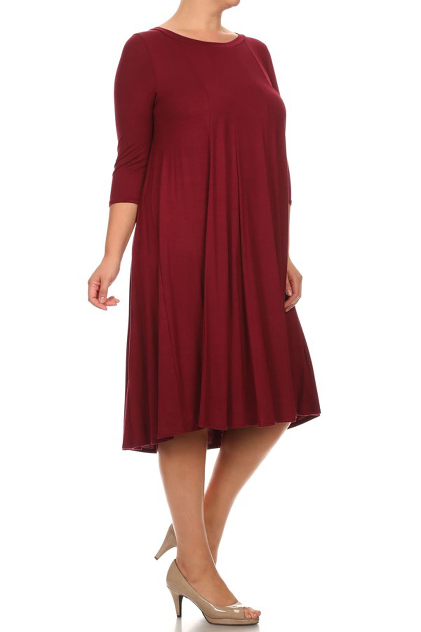 Women's Plus Size Casual 3/4 Sleeves Basic A-Line Pleated Solid Midi Dress