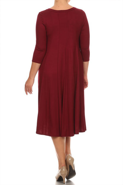 Women's Plus Size Casual 3/4 Sleeves Basic A-Line Pleated Solid Midi Dress