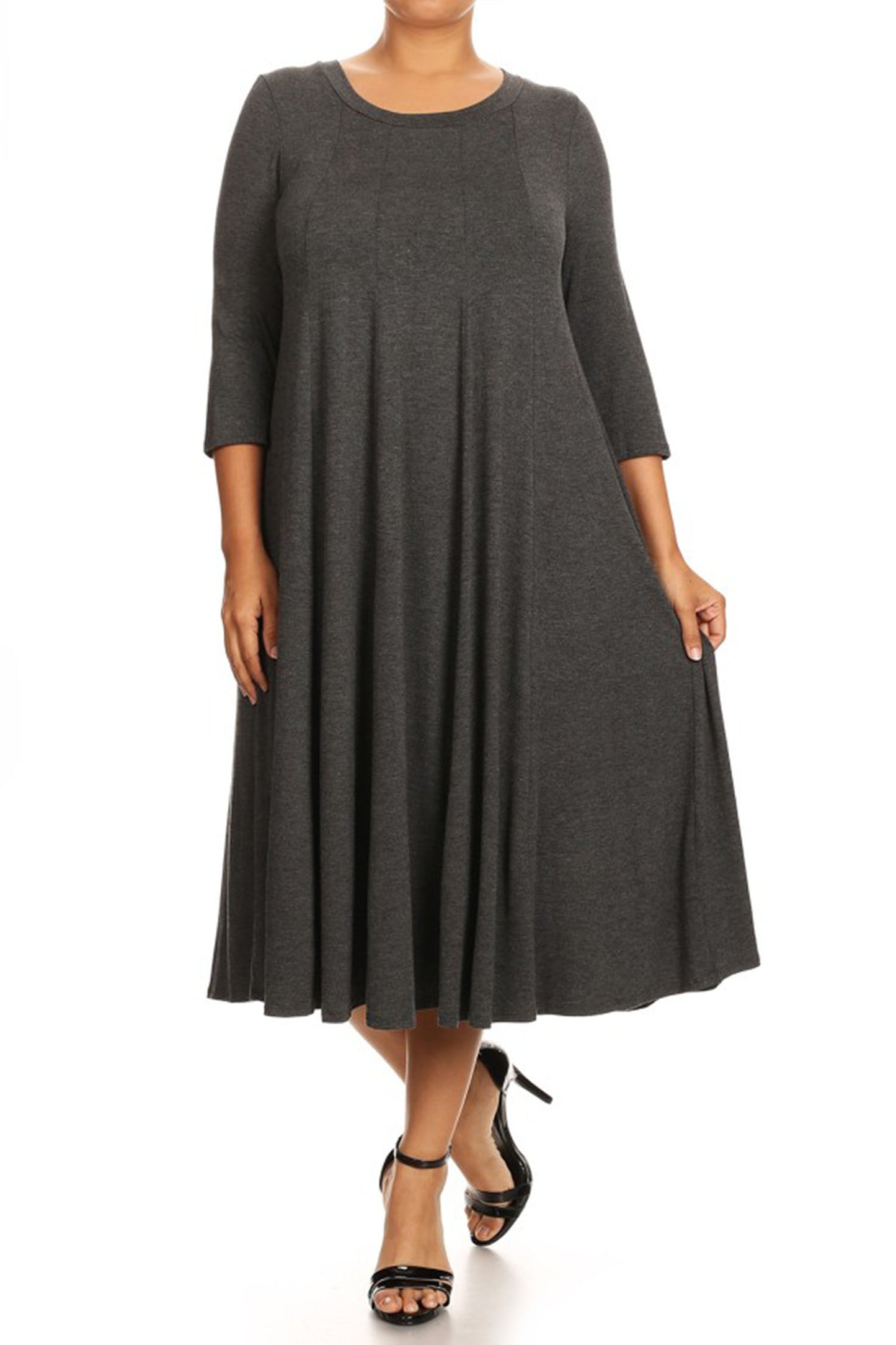 Women's Plus Size Casual 3/4 Sleeves Basic A-Line Pleated Solid Midi Dress