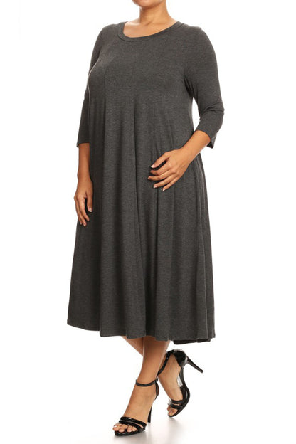 Women's Plus Size Casual 3/4 Sleeves Basic A-Line Pleated Solid Midi Dress