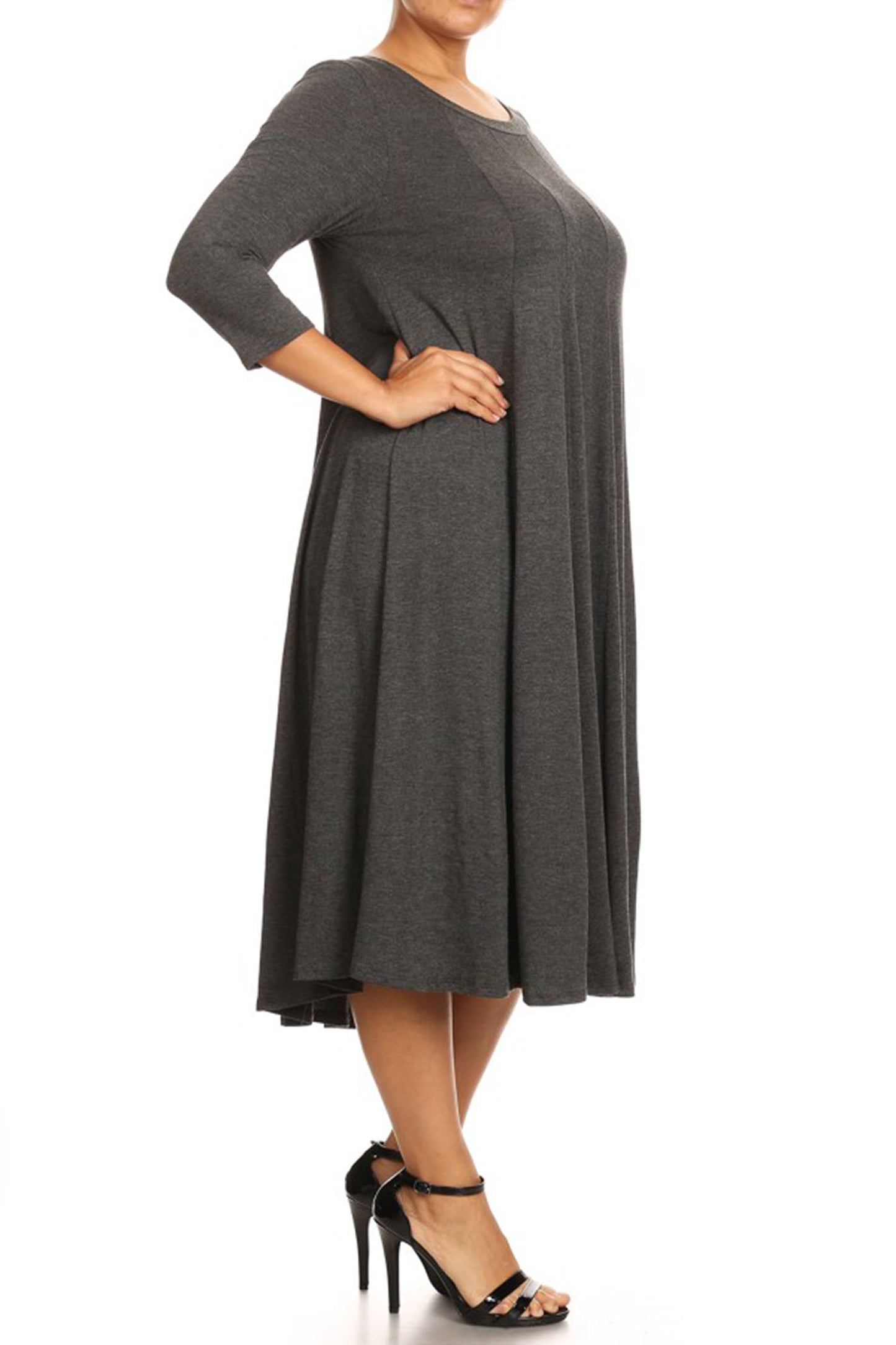 Women's Plus Size Casual 3/4 Sleeves Basic A-Line Pleated Solid Midi Dress