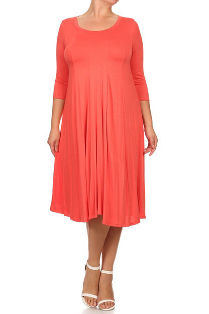 Women's Plus Size Casual 3/4 Sleeves Basic A-Line Pleated Solid Midi Dress