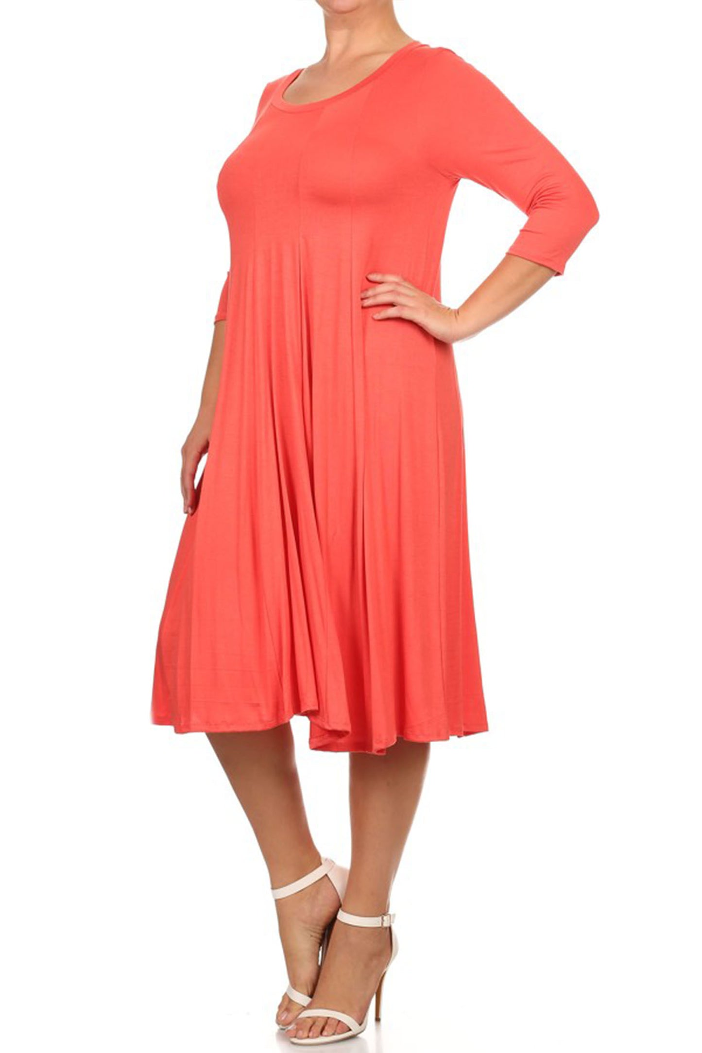 Women's Plus Size Casual 3/4 Sleeves Basic A-Line Pleated Solid Midi Dress