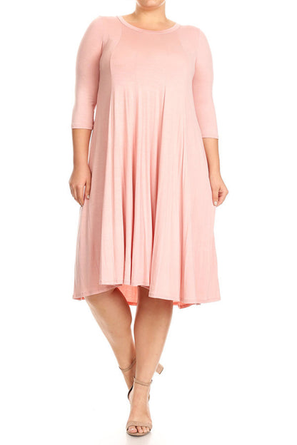 Women's Plus Size Casual 3/4 Sleeves Basic A-Line Pleated Solid Midi Dress