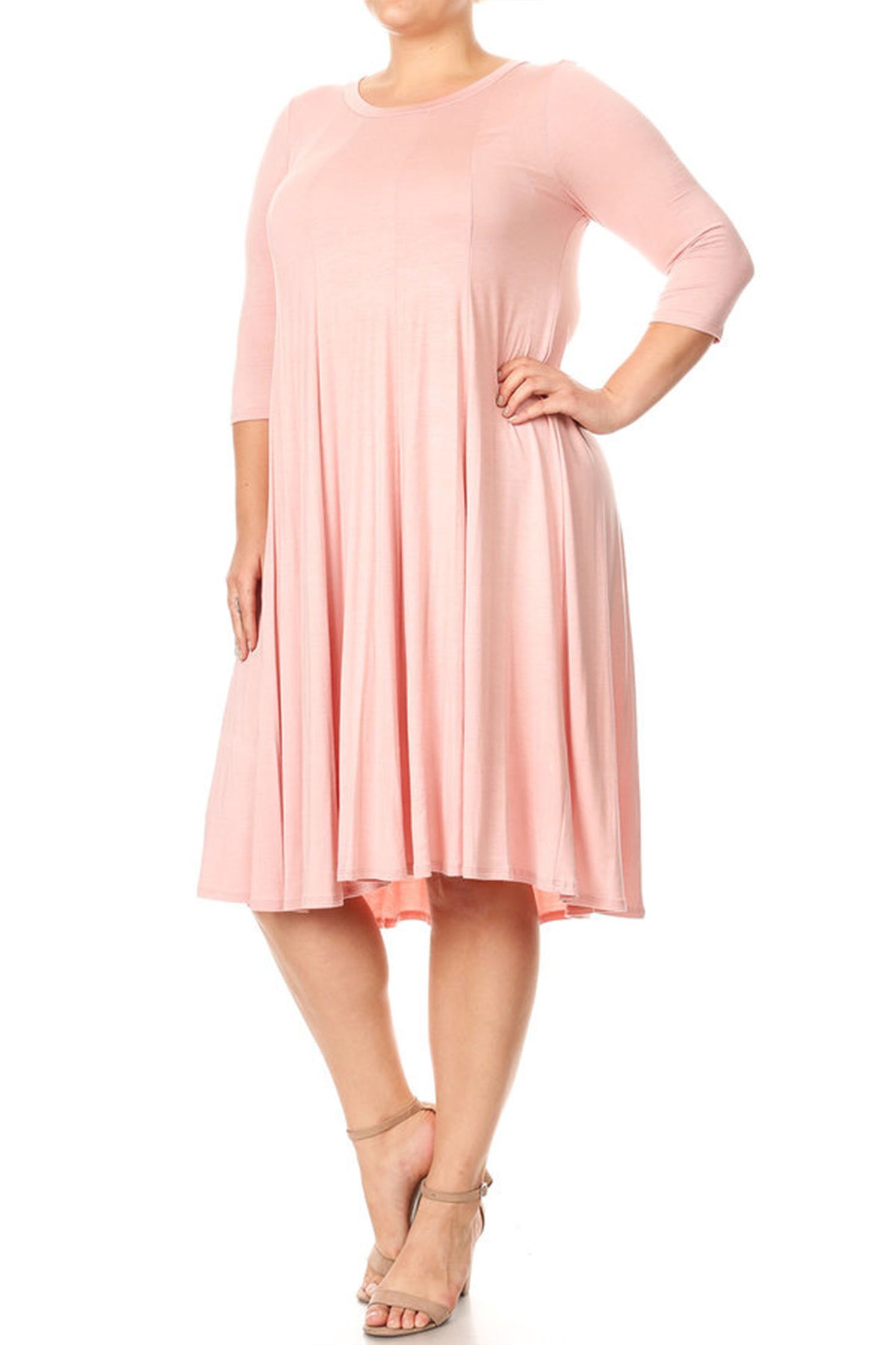 Women's Plus Size Casual 3/4 Sleeves Basic A-Line Pleated Solid Midi Dress