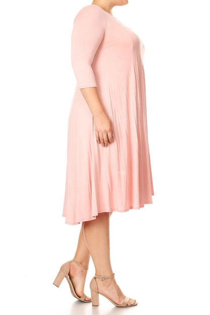 Women's Plus Size Casual 3/4 Sleeves Basic A-Line Pleated Solid Midi Dress