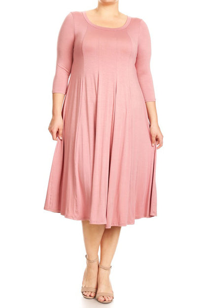 Women's Plus Size Casual 3/4 Sleeves Basic A-Line Pleated Solid Midi Dress