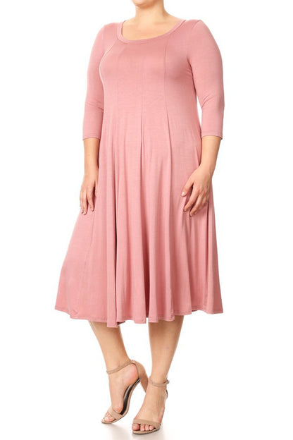 Women's Plus Size Casual 3/4 Sleeves Basic A-Line Pleated Solid Midi Dress