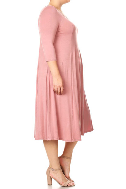 Women's Plus Size Casual 3/4 Sleeves Basic A-Line Pleated Solid Midi Dress