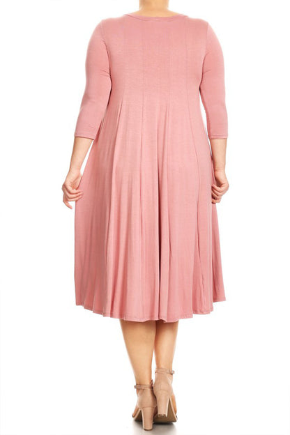 Women's Plus Size Casual 3/4 Sleeves Basic A-Line Pleated Solid Midi Dress