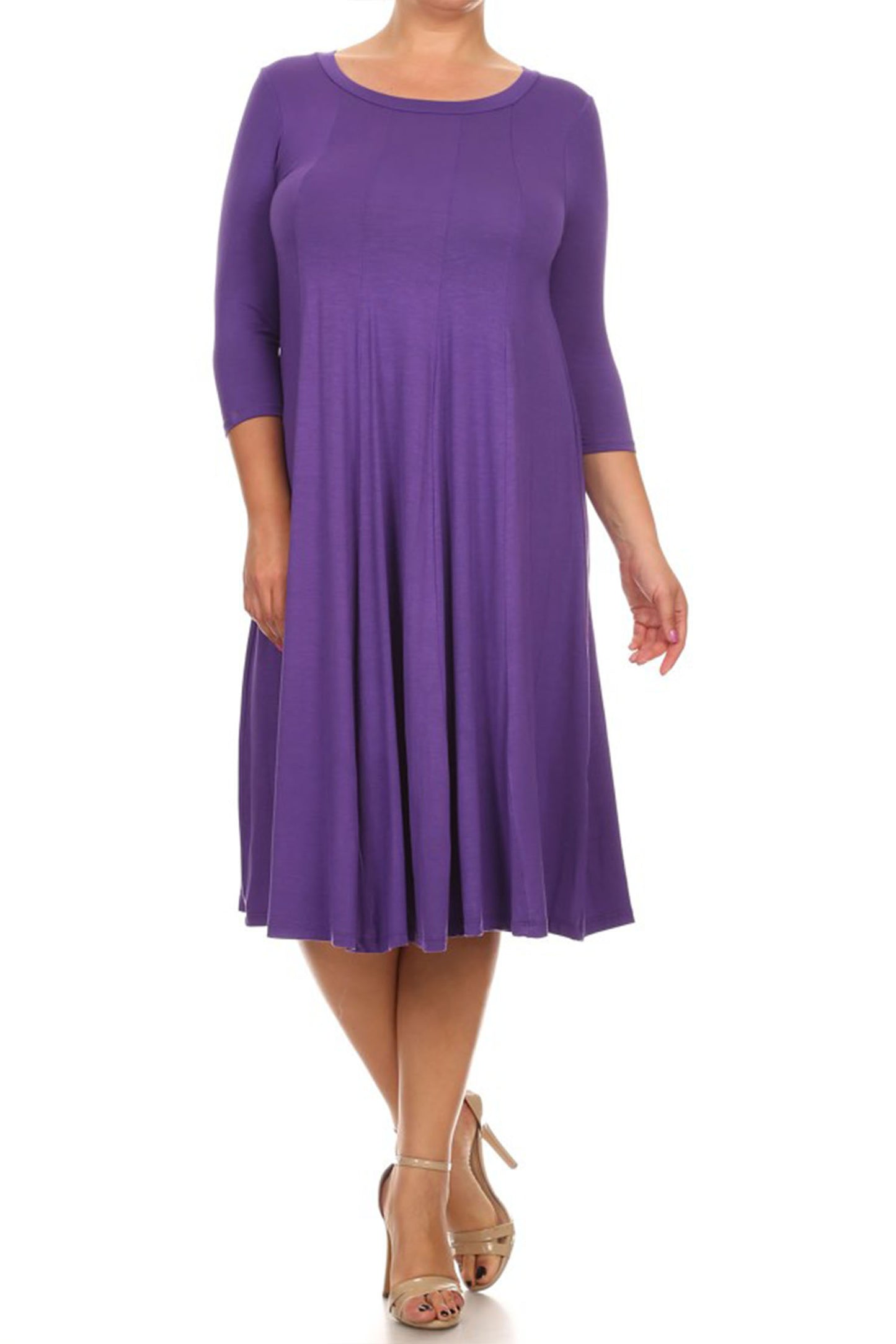 Women's Plus Size Casual 3/4 Sleeves Basic A-Line Pleated Solid Midi Dress