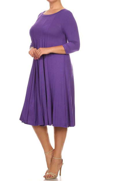 Women's Plus Size Casual 3/4 Sleeves Basic A-Line Pleated Solid Midi Dress