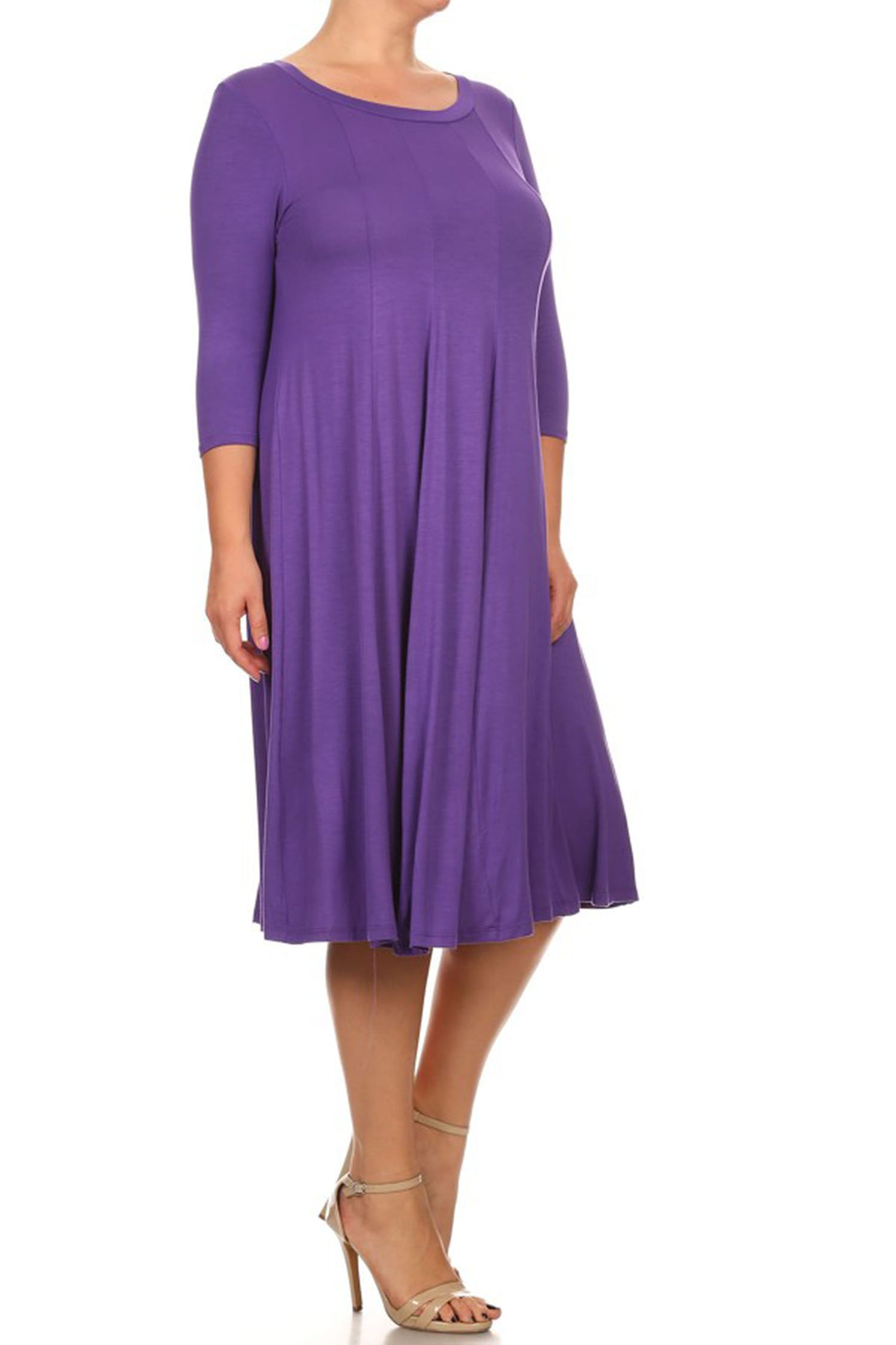 Women's Plus Size Casual 3/4 Sleeves Basic A-Line Pleated Solid Midi Dress