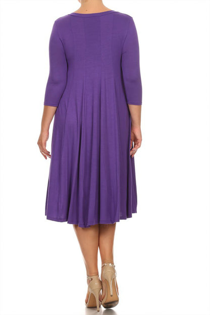 Women's Plus Size Casual 3/4 Sleeves Basic A-Line Pleated Solid Midi Dress