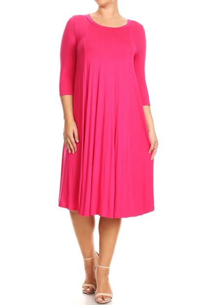 Women's Plus Size Casual 3/4 Sleeves Basic A-Line Pleated Solid Midi Dress