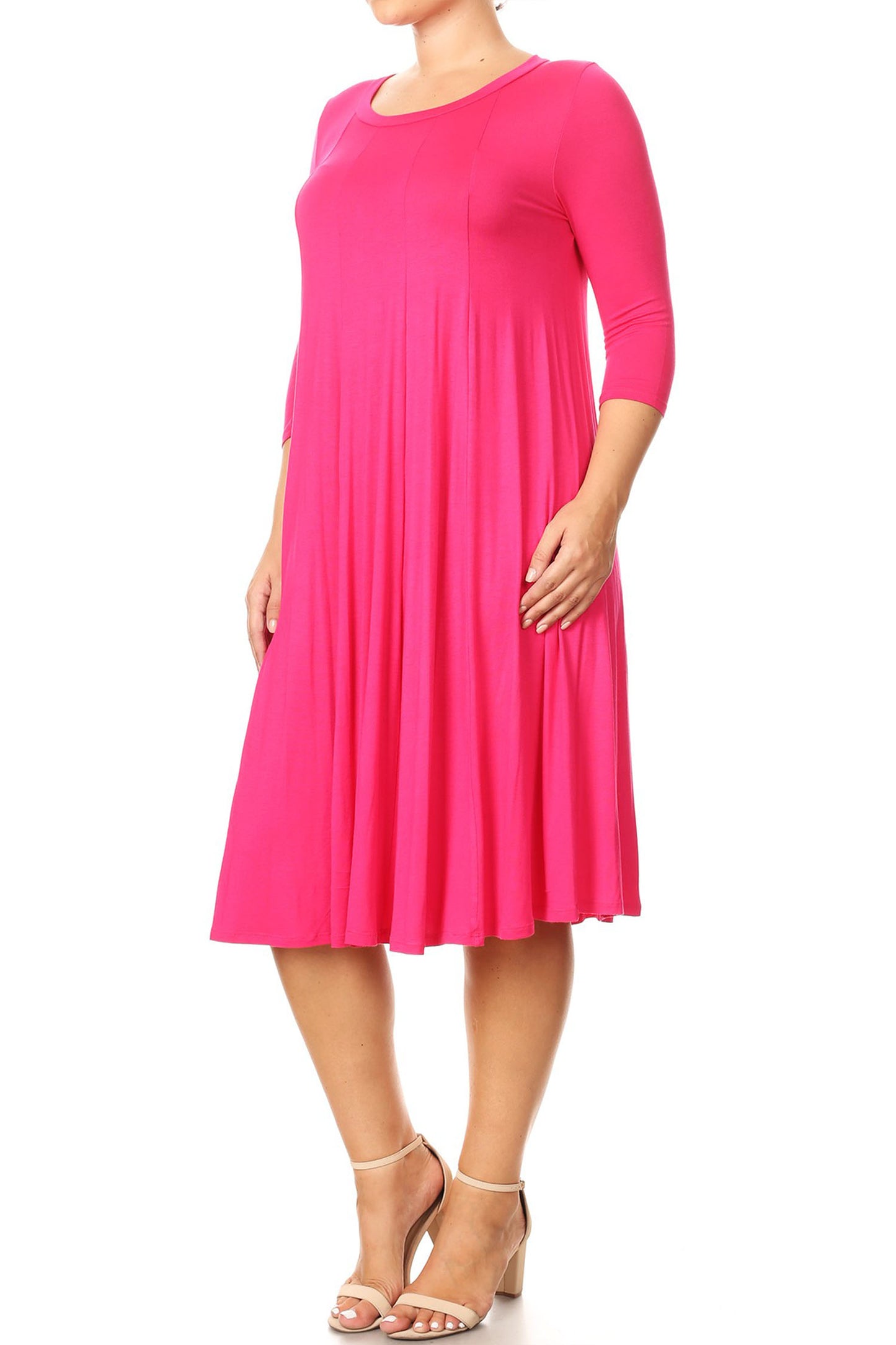 Women's Plus Size Casual 3/4 Sleeves Basic A-Line Pleated Solid Midi Dress