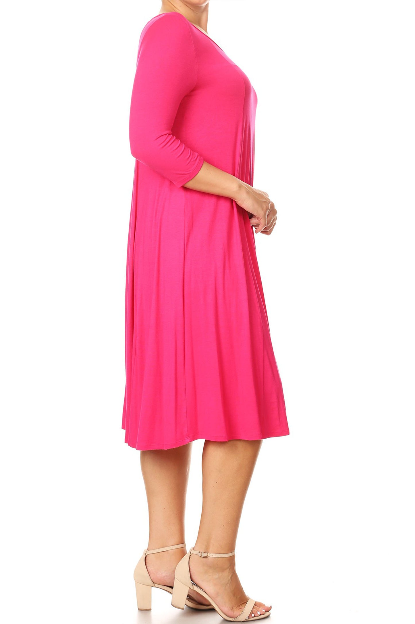 Women's Plus Size Casual 3/4 Sleeves Basic A-Line Pleated Solid Midi Dress