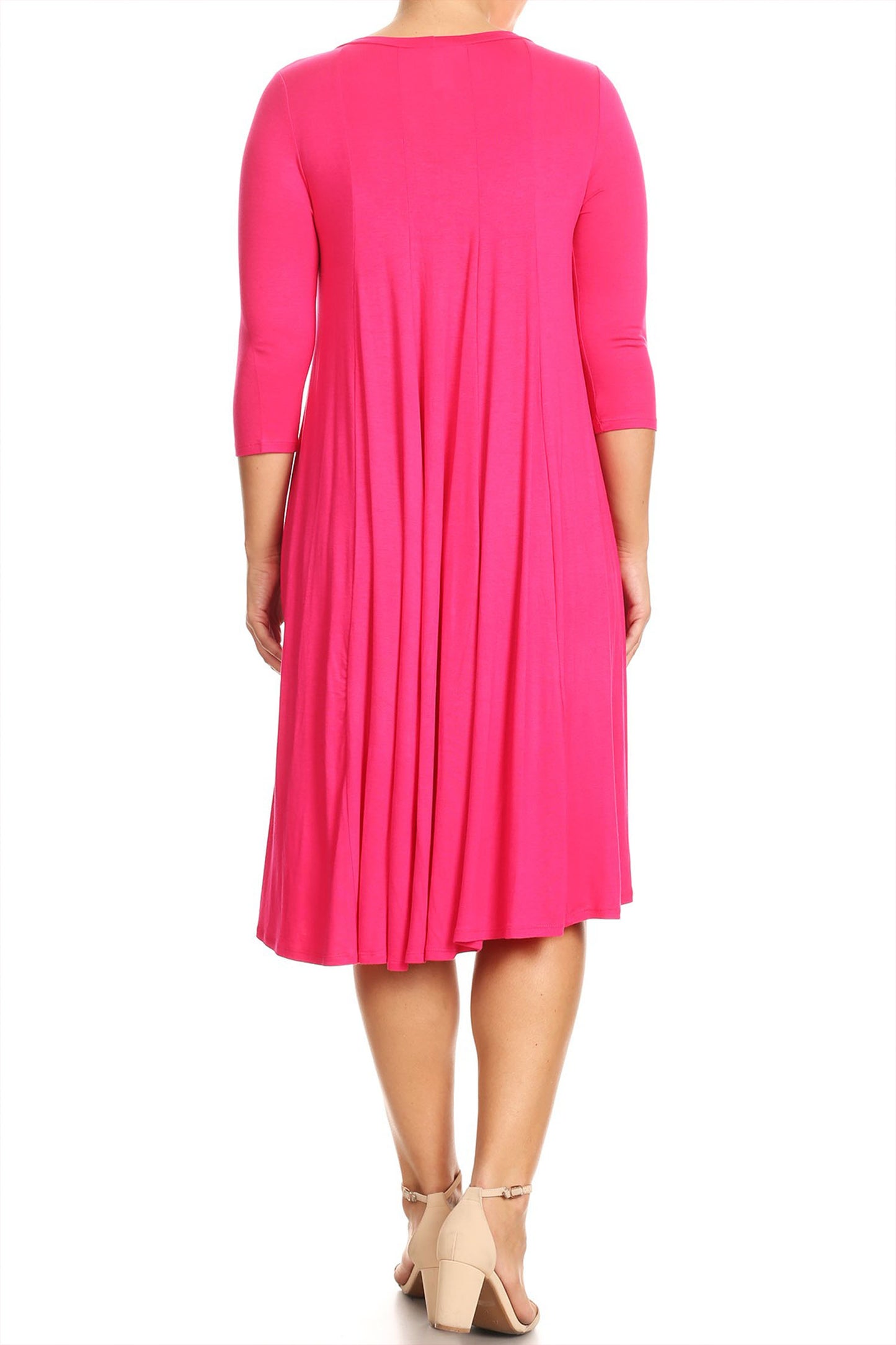 Women's Plus Size Casual 3/4 Sleeves Basic A-Line Pleated Solid Midi Dress