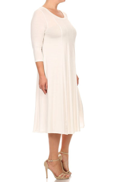 Women's Plus Size Casual 3/4 Sleeves Basic A-Line Pleated Solid Midi Dress