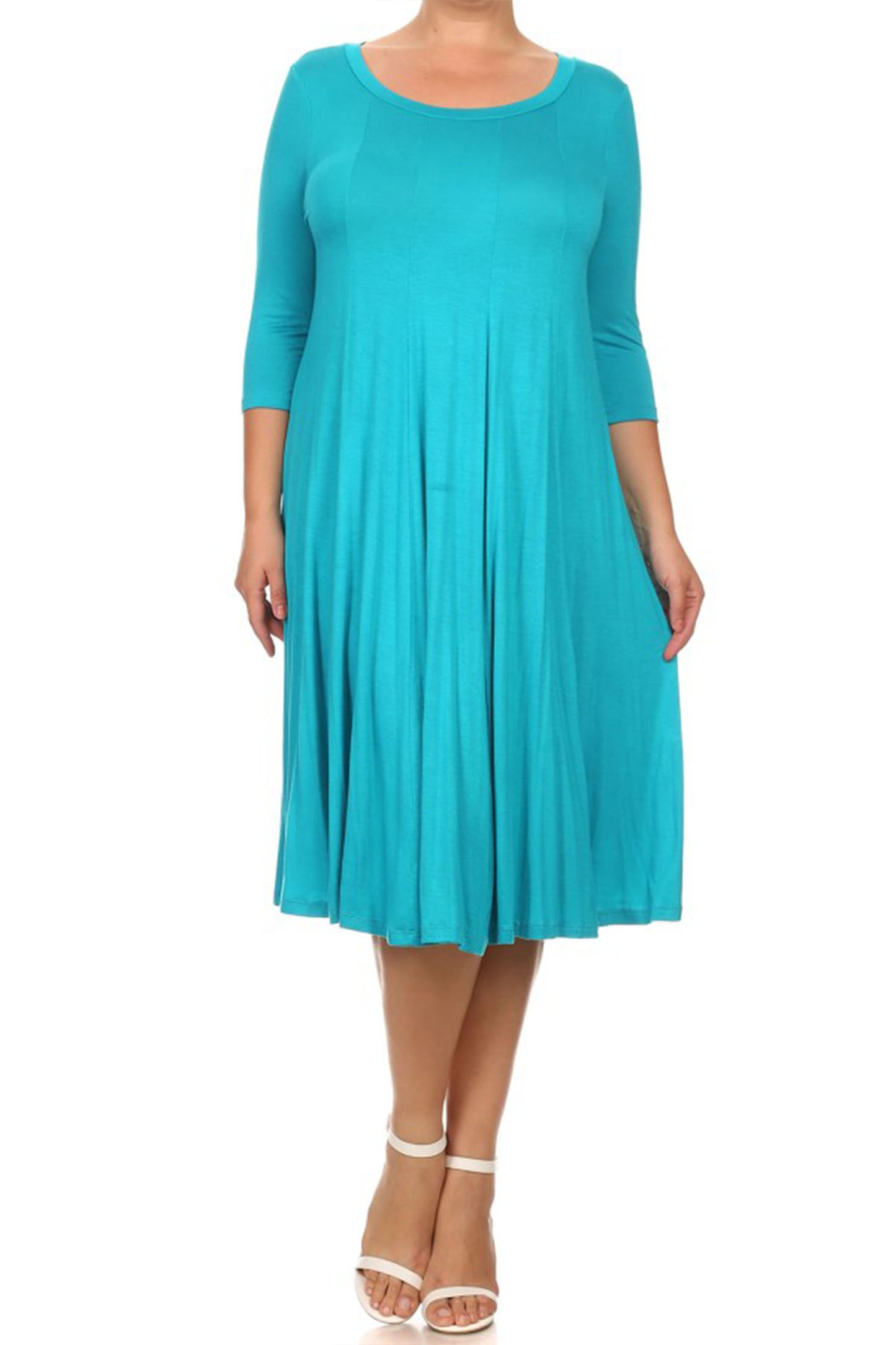 Women's Plus Size Casual 3/4 Sleeves Basic A-Line Pleated Solid Midi Dress