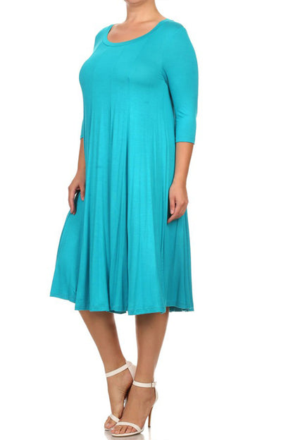 Women's Plus Size Casual 3/4 Sleeves Basic A-Line Pleated Solid Midi Dress