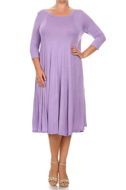 Women's Plus Size Casual 3/4 Sleeves Basic A-Line Pleated Solid Midi Dress