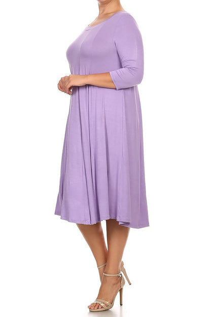 Women's Plus Size Casual 3/4 Sleeves Basic A-Line Pleated Solid Midi Dress